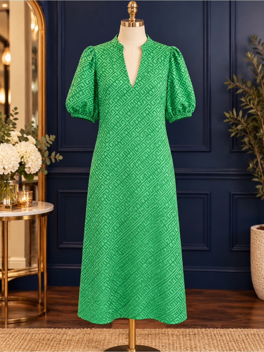 Emily McCarthy poppy Hampton Green Puff-Sleeve Jacquard Midi Dress M